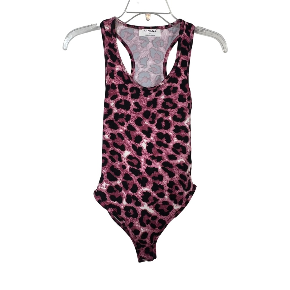 Zenana Womens Pink‎ Leopard Print Racerback Bodysuit MT-9026BA Small
